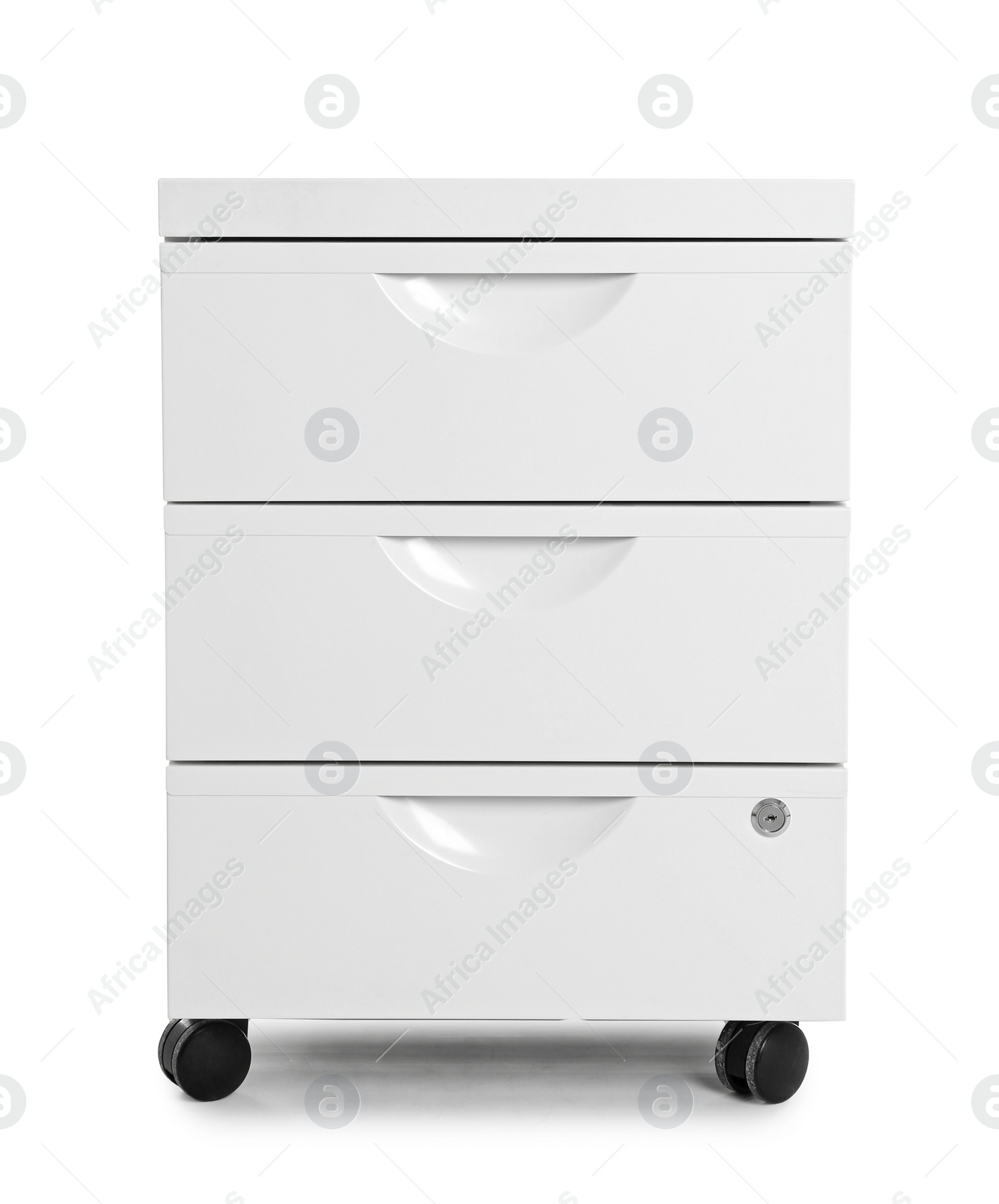 Photo of Stylish chest of drawers on white background. Furniture for wardrobe room