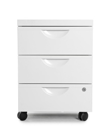 Stylish chest of drawers on white background. Furniture for wardrobe room