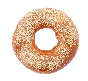 Delicious fresh bagel with sesame seeds isolated on white