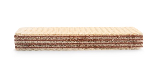 Photo of Delicious crispy wafer on white background. Sweet food