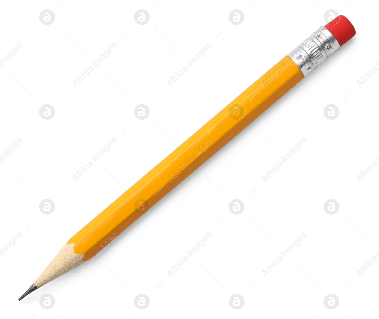 Photo of Short graphite pencil with eraser isolated on white. School stationery