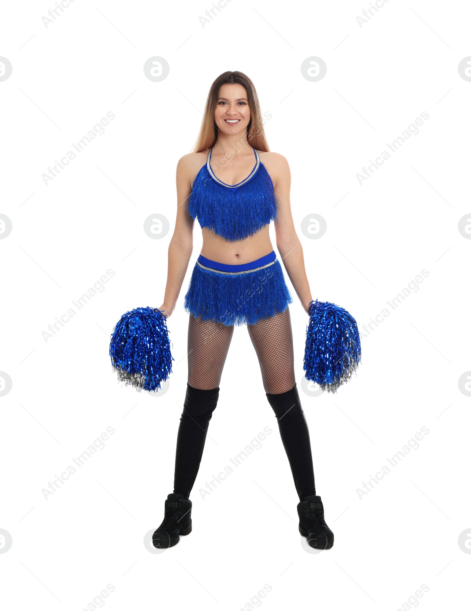 Photo of Beautiful cheerleader in costume holding pom poms on white background