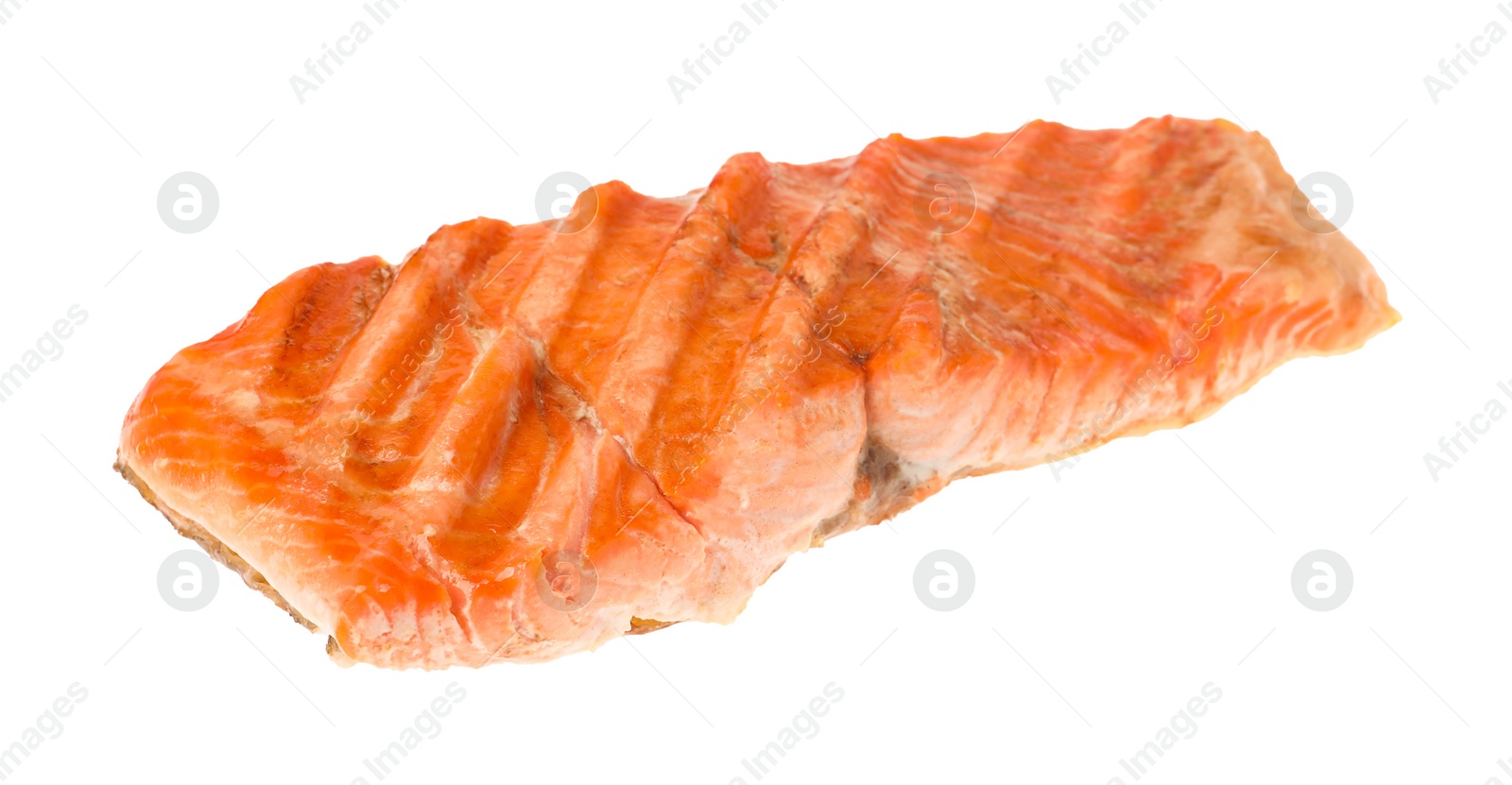 Photo of Piece of tasty grilled salmon isolated on white