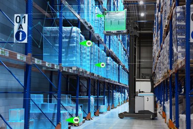 Image of Digitalization, user interface to control processes. Warehouse with virtual screen overlay