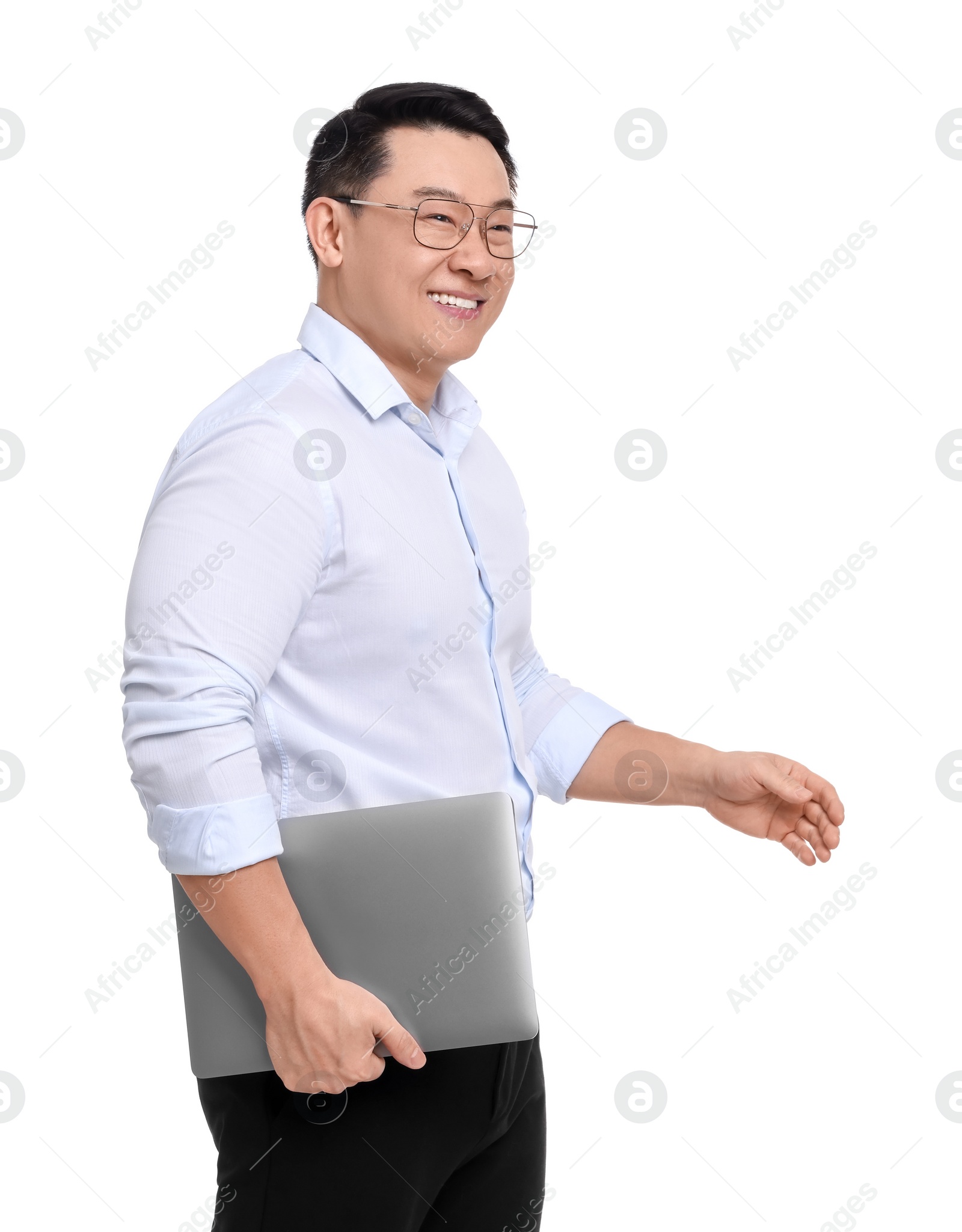 Photo of Businessman in formal clothes with laptop on white background