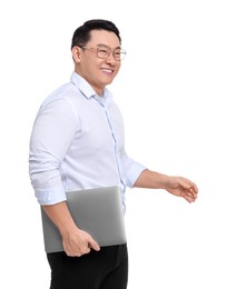 Photo of Businessman in formal clothes with laptop on white background