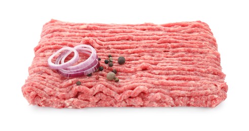 Raw ground meat, onion and peppercorns isolated on white