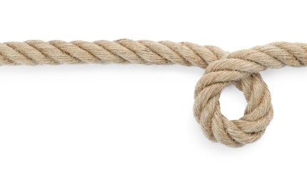 Photo of Hemp rope with loop isolated on white, top view