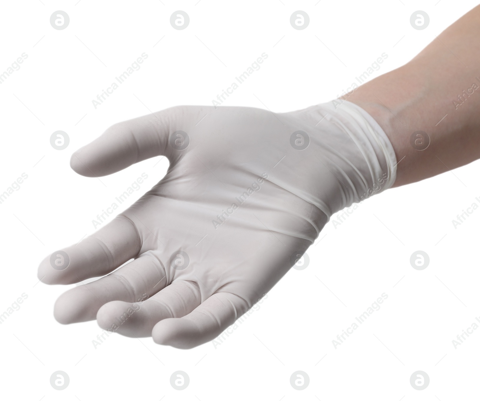 Photo of Woman wearing medical glove on white background, closeup