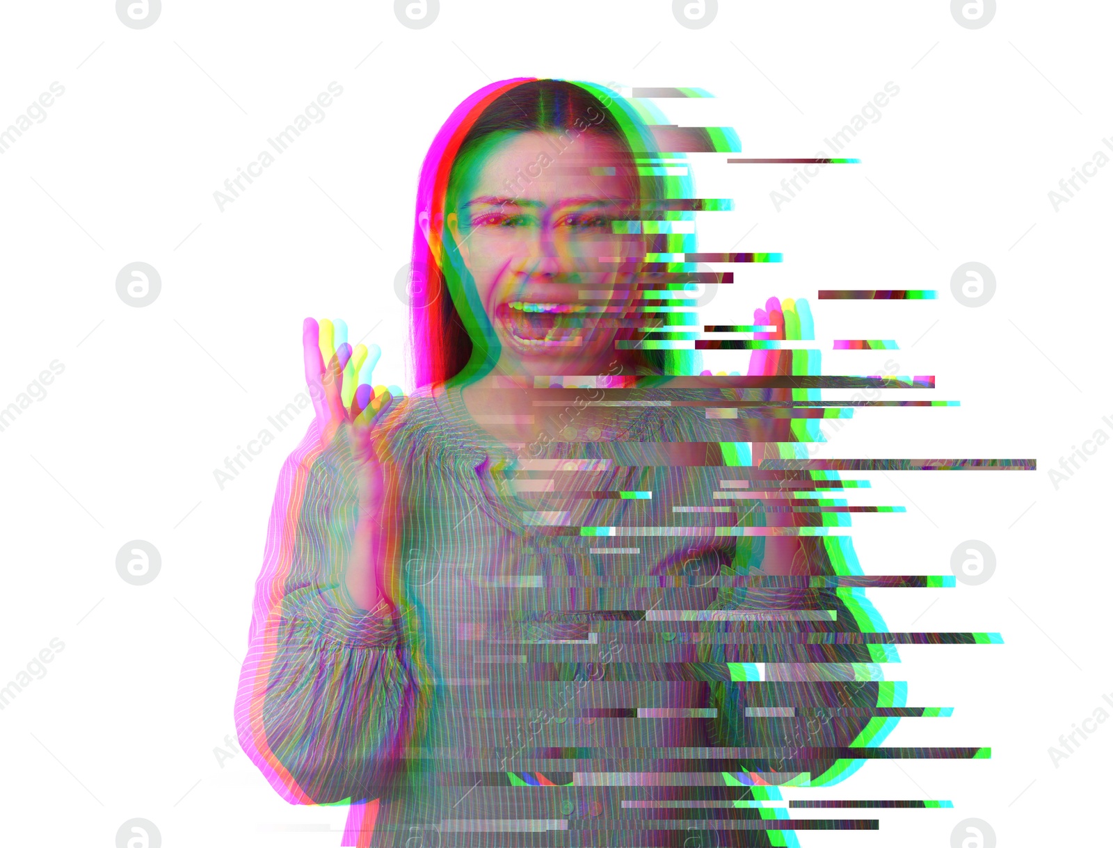 Image of Paranoia. Woman screaming on white background, glitch effect