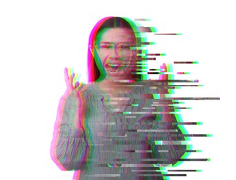 Image of Paranoia. Woman screaming on white background, glitch effect
