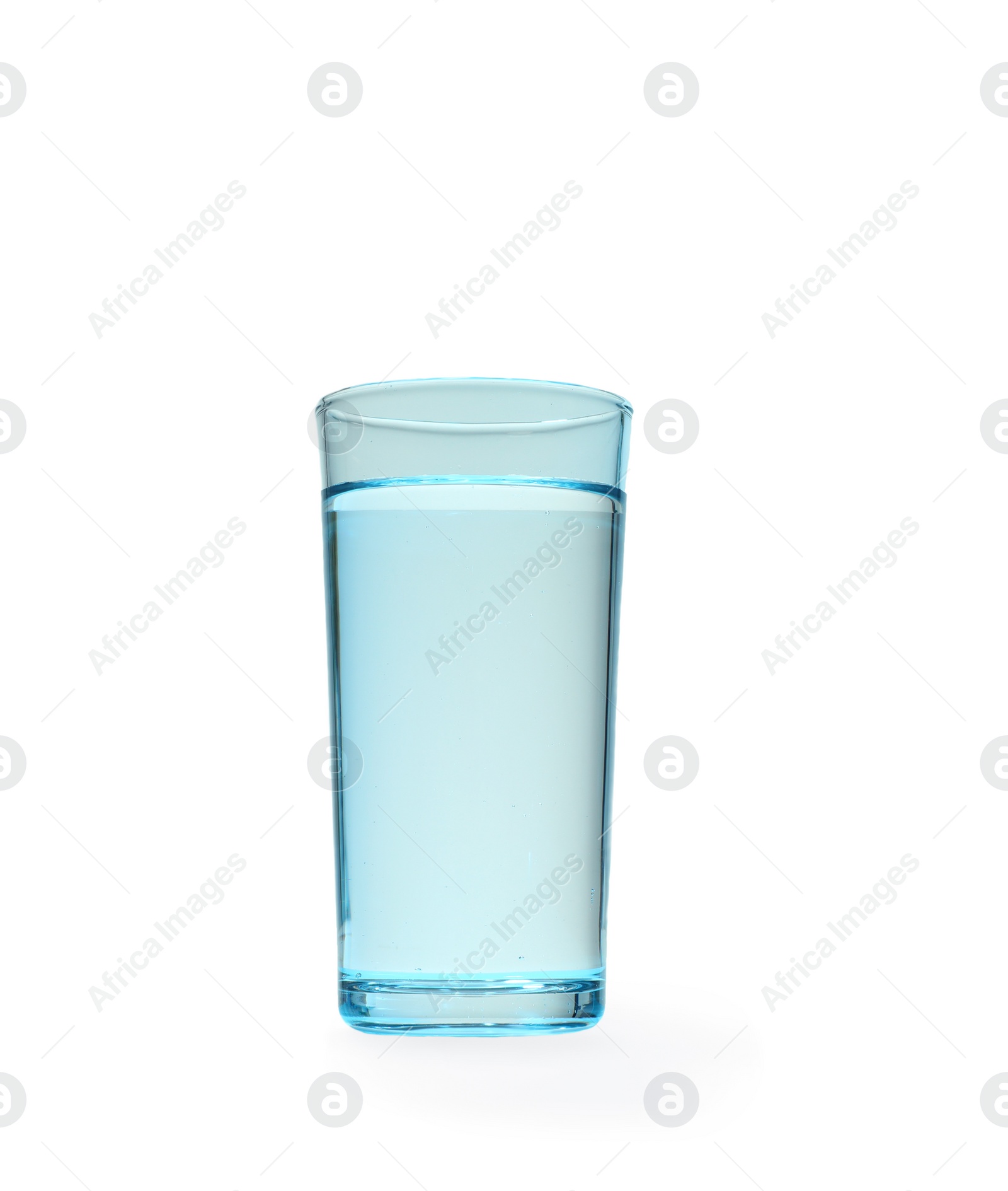 Photo of Glass of water on blue background. Refreshing drink