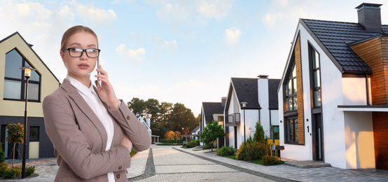 Image of Real estate agent talking on phone against modern houses, space for text. Banner design 