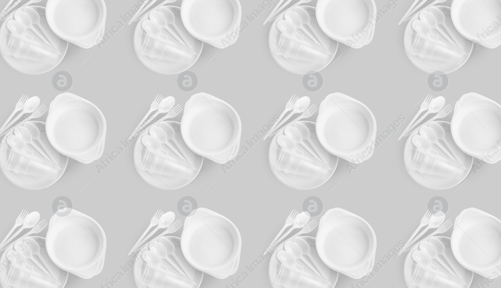 Image of Many disposable tableware on light grey background, flat lay. Seamless pattern design