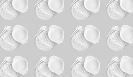 Image of Many disposable tableware on light grey background, flat lay. Seamless pattern design