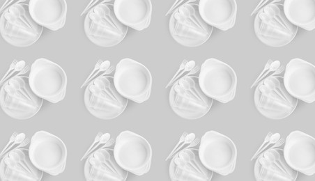 Many disposable tableware on light grey background, flat lay. Seamless pattern design