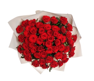 Photo of Luxury bouquet of fresh red roses isolated on white, top view