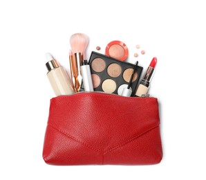 Stylish red cosmetic bag with makeup products on white background, top view