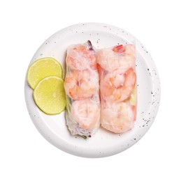 Photo of Delicious spring rolls with shrimps wrapped in rice paper on white background, top view