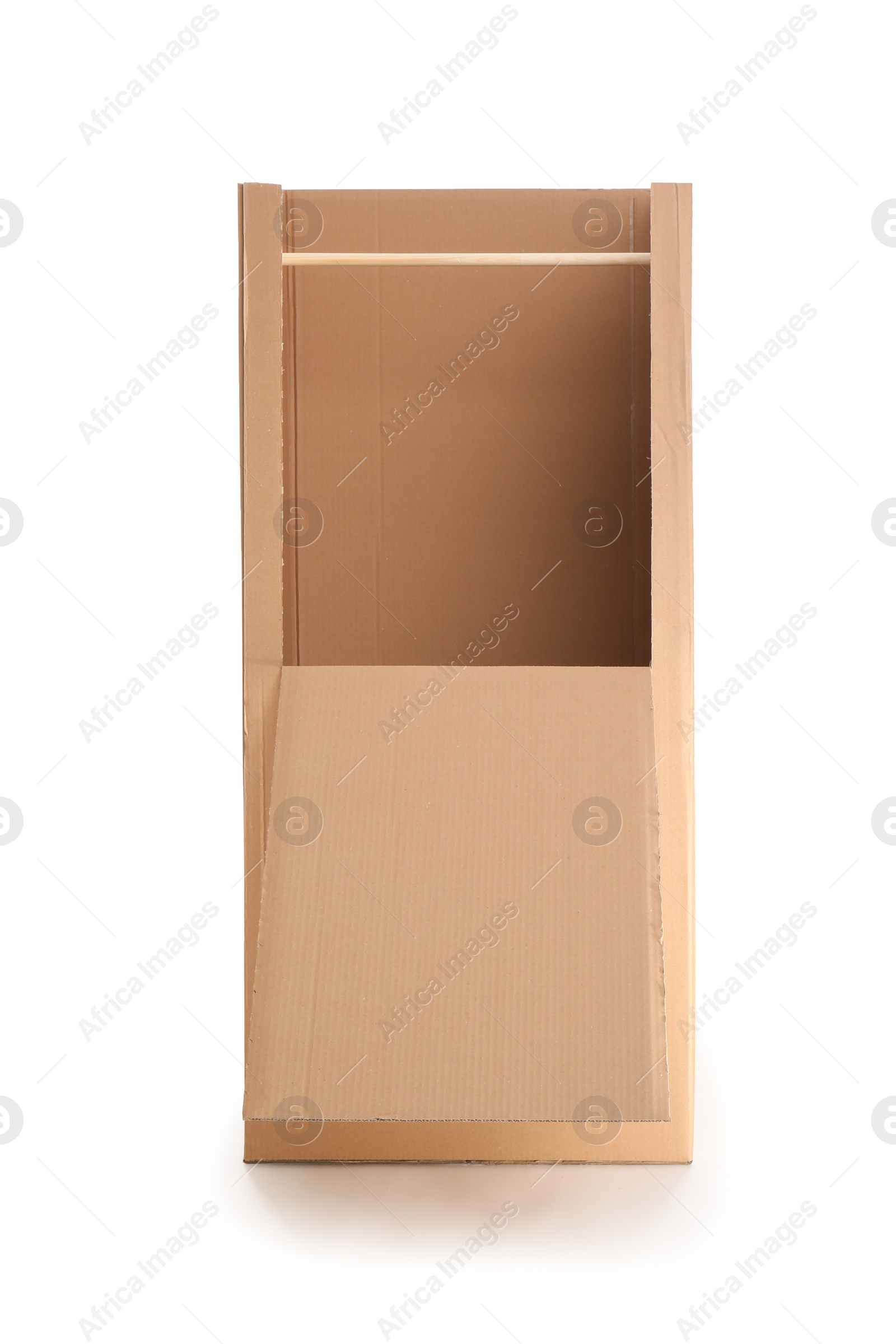 Photo of Empty cardboard wardrobe box on white background