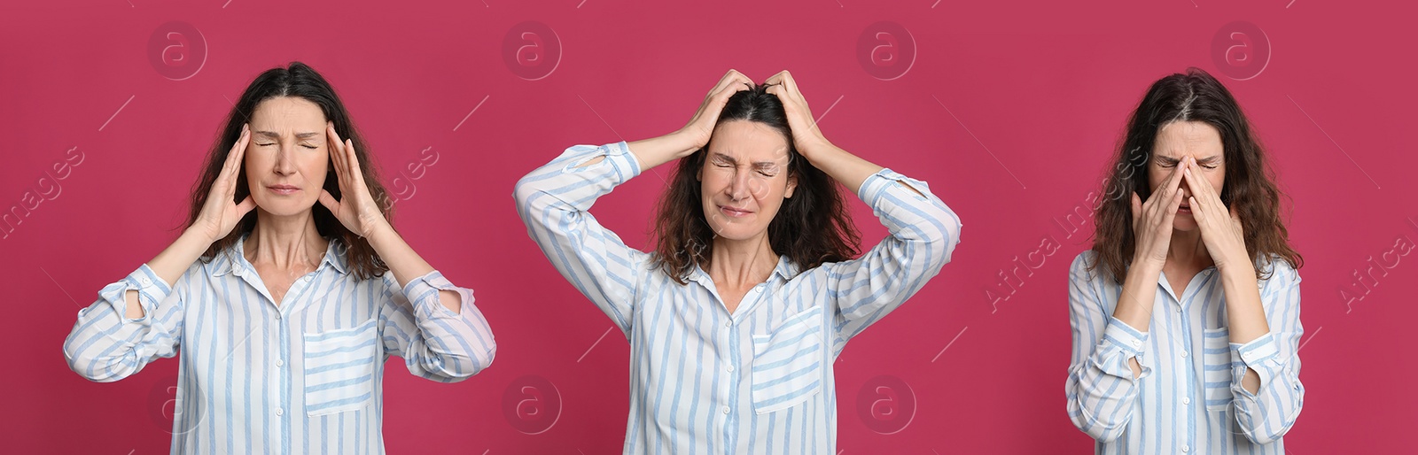 Image of Collage with photos of mature woman suffering from headache on pink background. Banner design