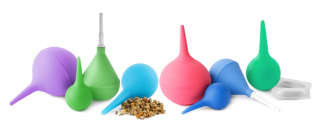 Image of Set with different enemas on white background, banner design