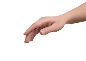 Woman holding something in hand on white background, closeup