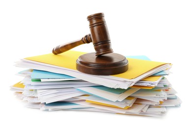 Photo of Stack of different files with documents and gavel on white background