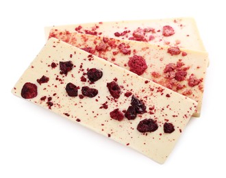 Photo of Chocolate bars with freeze dried berries on white background