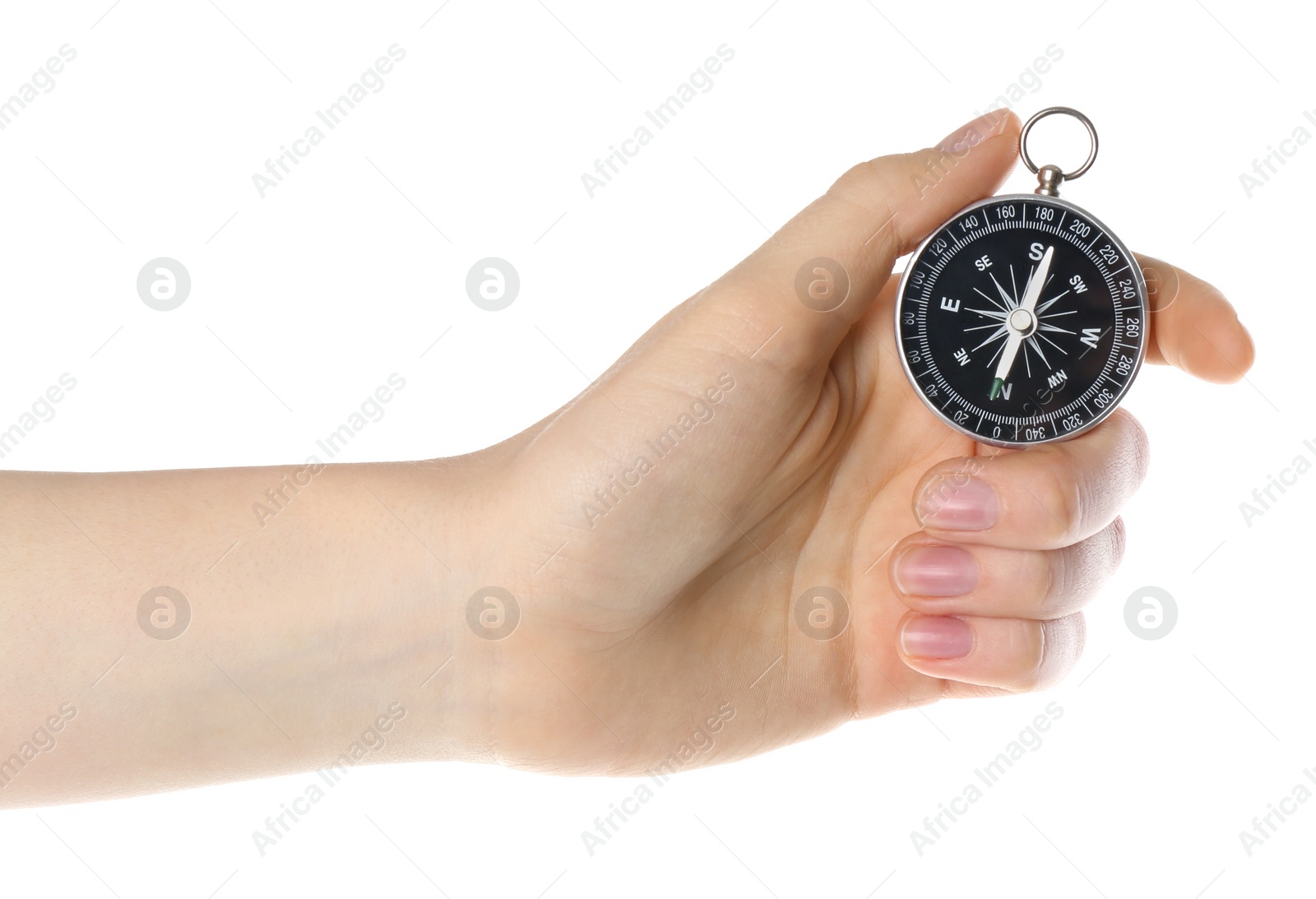 Photo of Woman holding compass on white background, closeup. Tourist equipment