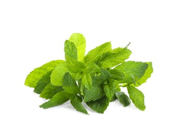 Photo of Aromatic fresh mint leaves on white background