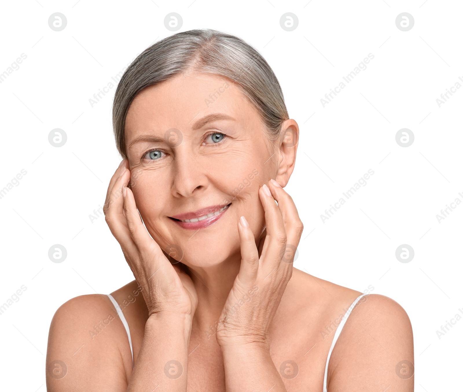 Photo of Portrait of senior woman with aging skin on white background. Rejuvenation treatment