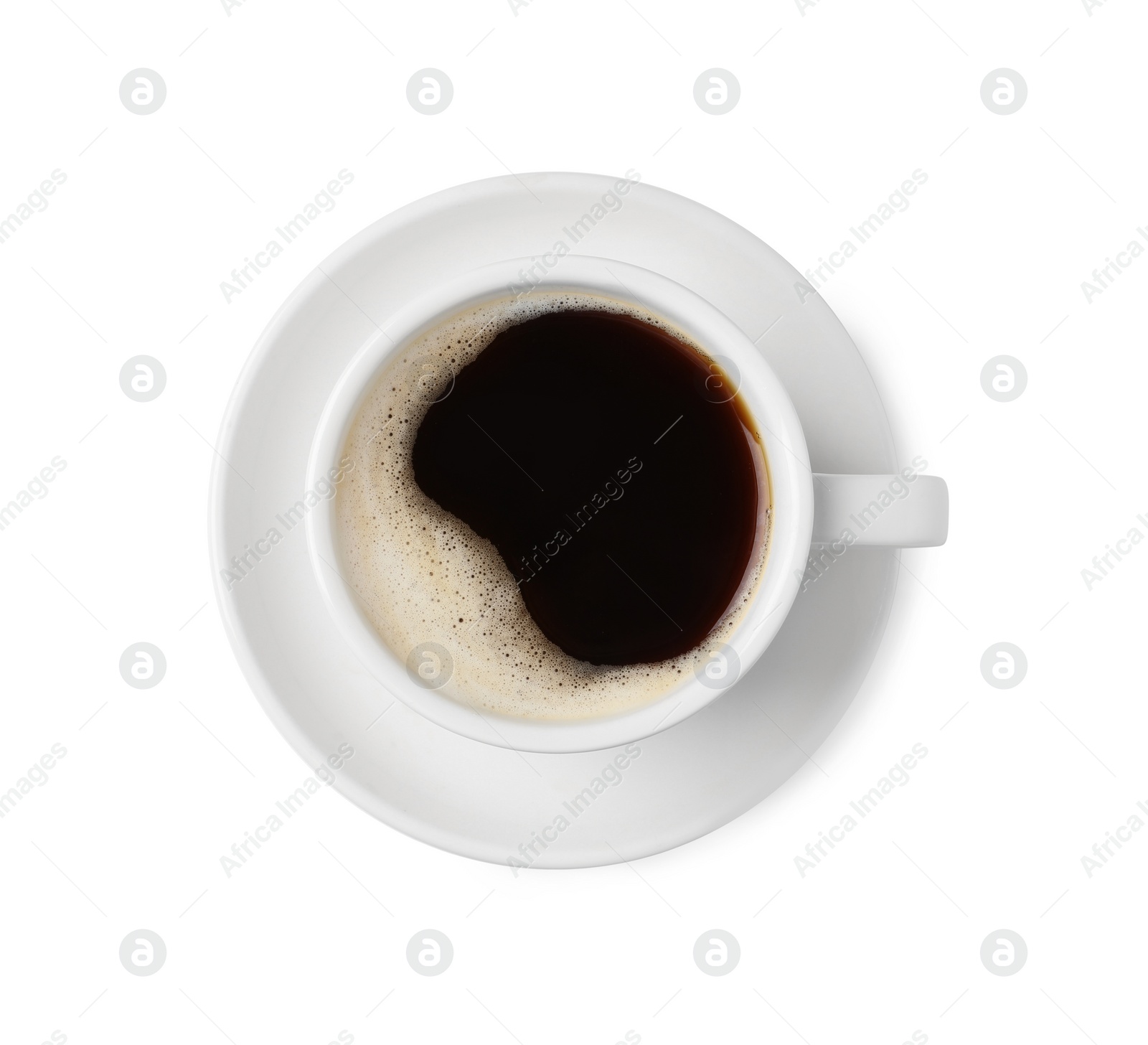 Photo of Tasty coffee in cup isolated on white, top view