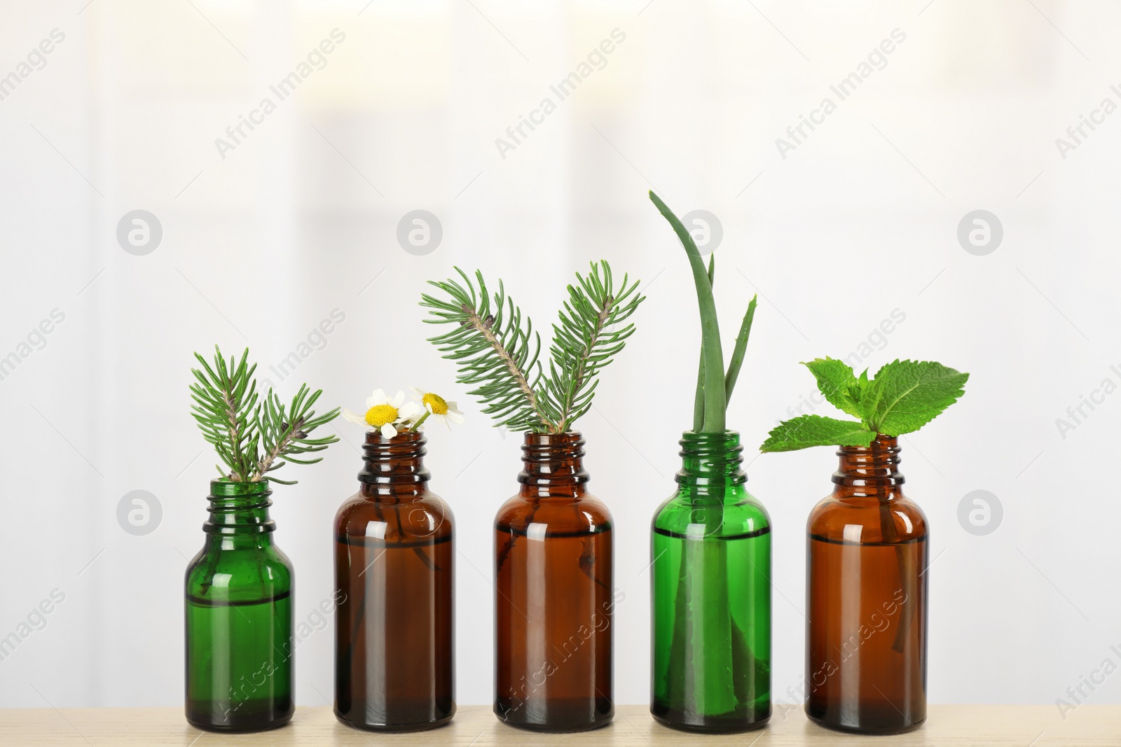 Photo of Glass bottles of different essential oils with plants on table