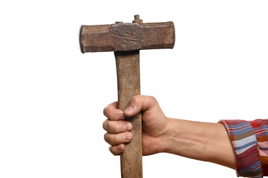 Photo of Man with sledgehammer on white background, closeup