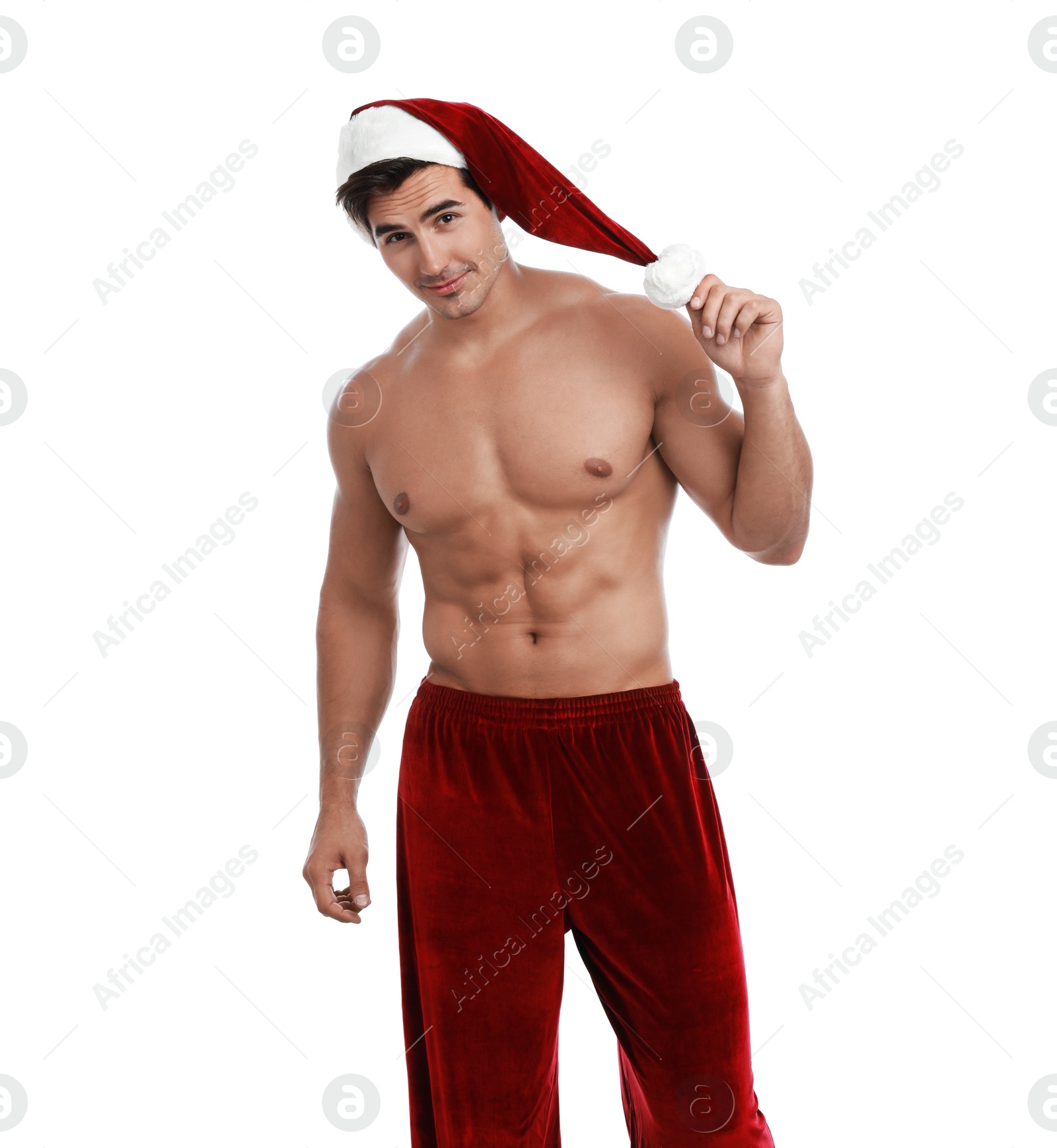 Photo of Sexy shirtless Santa Claus on white background