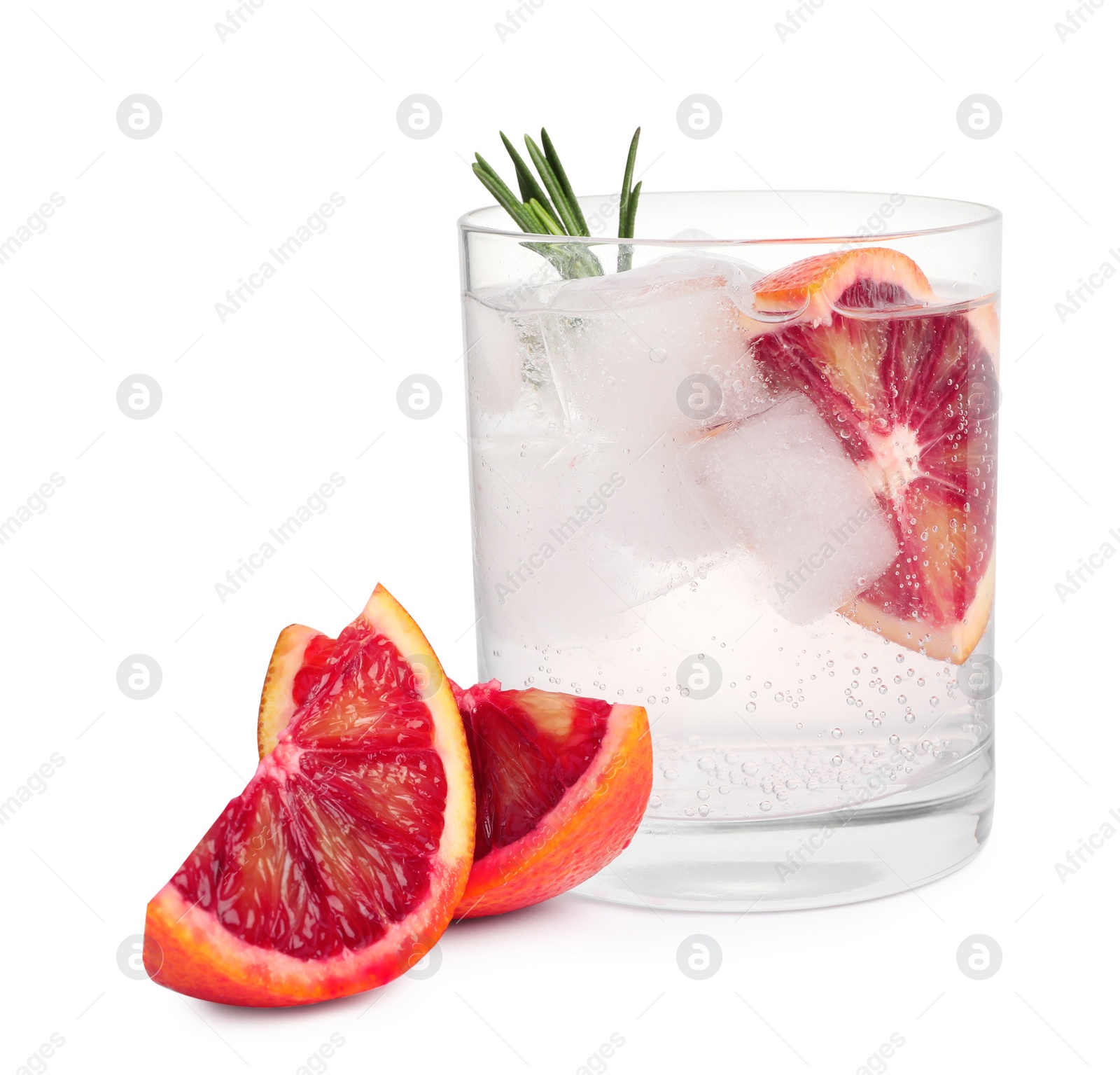 Photo of Delicious refreshing drink with sicilian orange, fresh rosemary and ice cubes in glass isolated on white