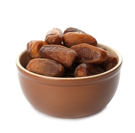 Bowl with sweet dates on white background. Dried fruit as healthy snack