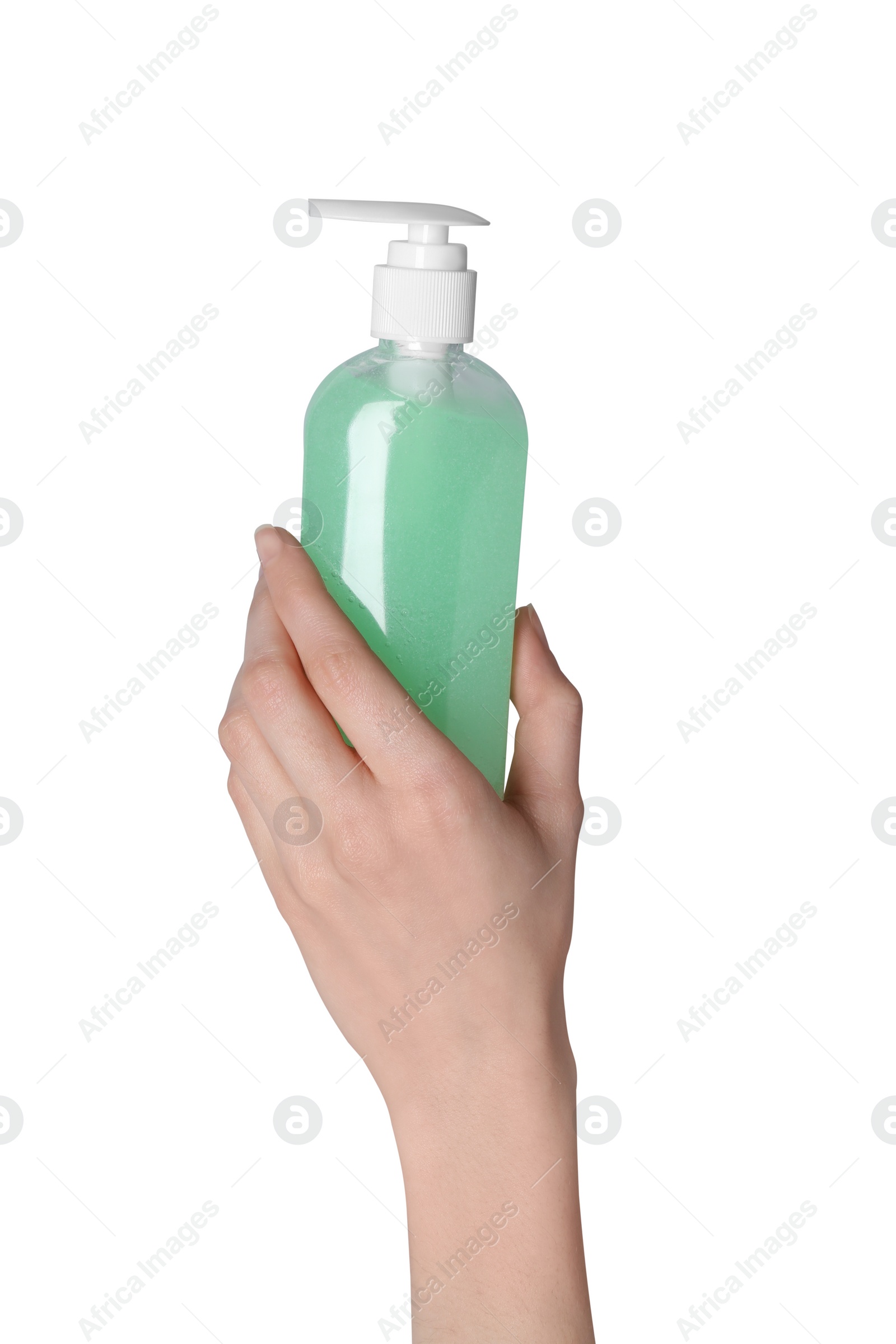 Photo of Woman holding bottle of face cleansing product on white background, closeup