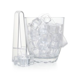 Glass bucket with ice cubes and tongs on white background