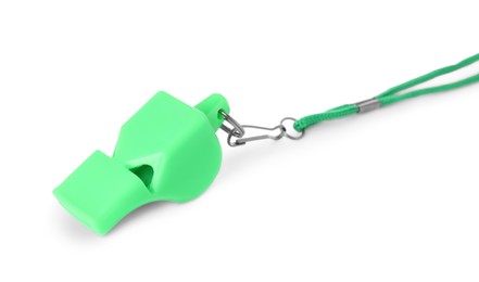 Photo of One green plastic whistle with cord isolated on white