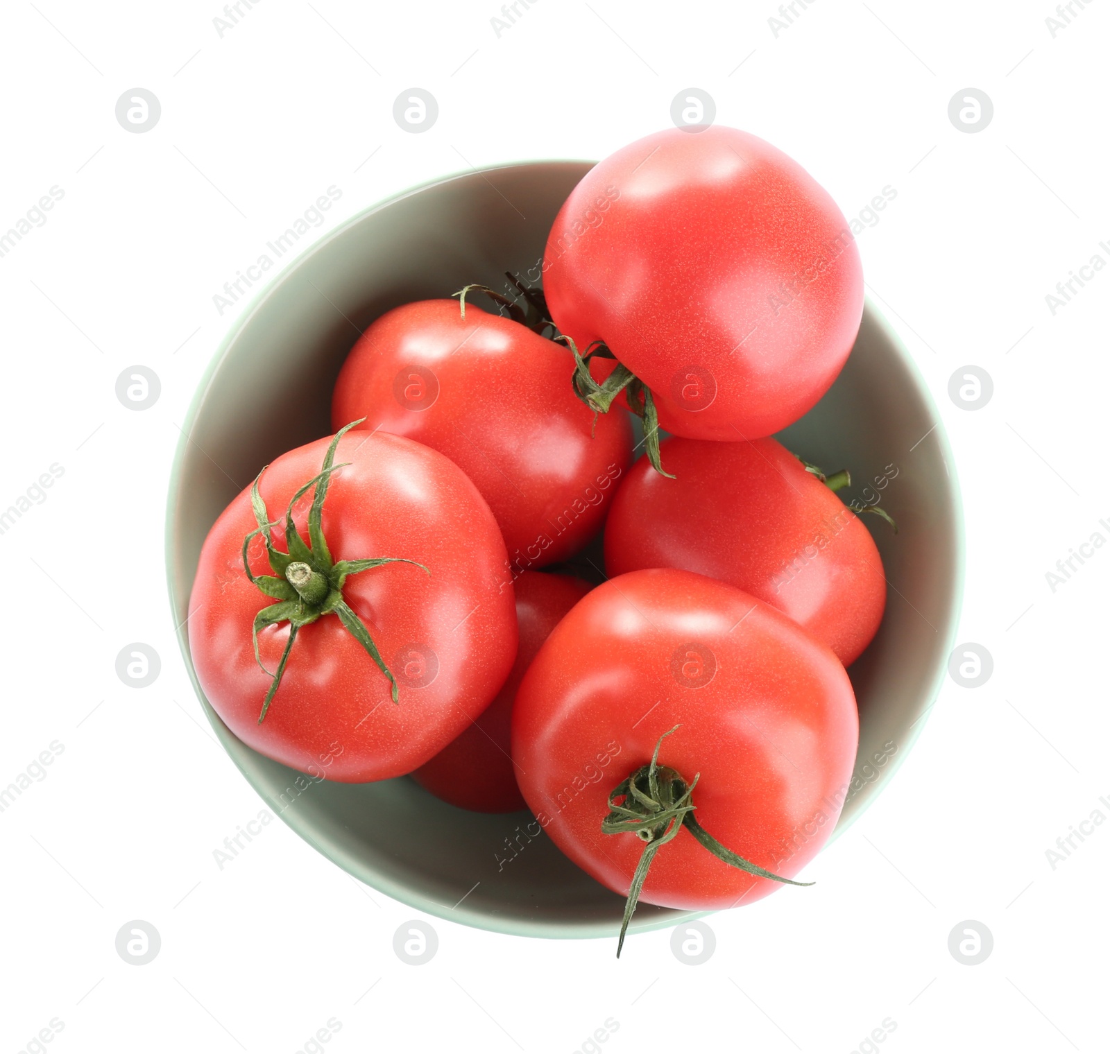 Photo of Bowl of fresh ripe organic tomatoes isolated on white, top view