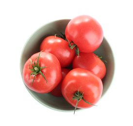 Photo of Bowl of fresh ripe organic tomatoes isolated on white, top view