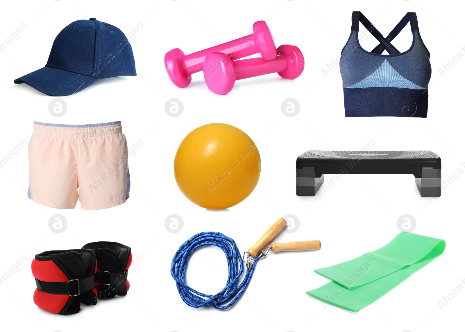 Image of Set with different fitness equipment on white background