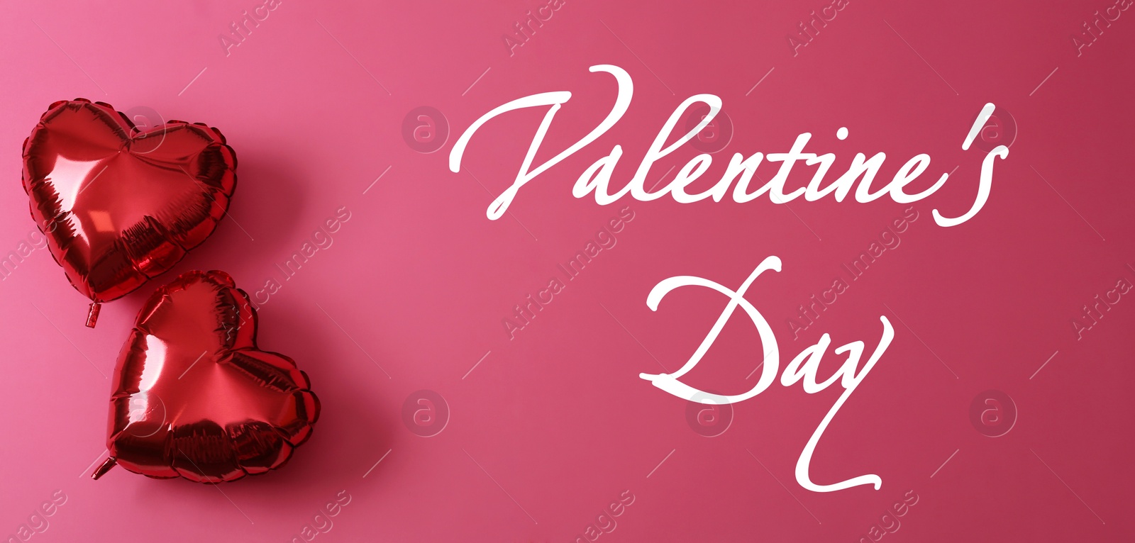 Image of Happy Valentine's Day. Red heart shaped balloons on pink background, flat lay