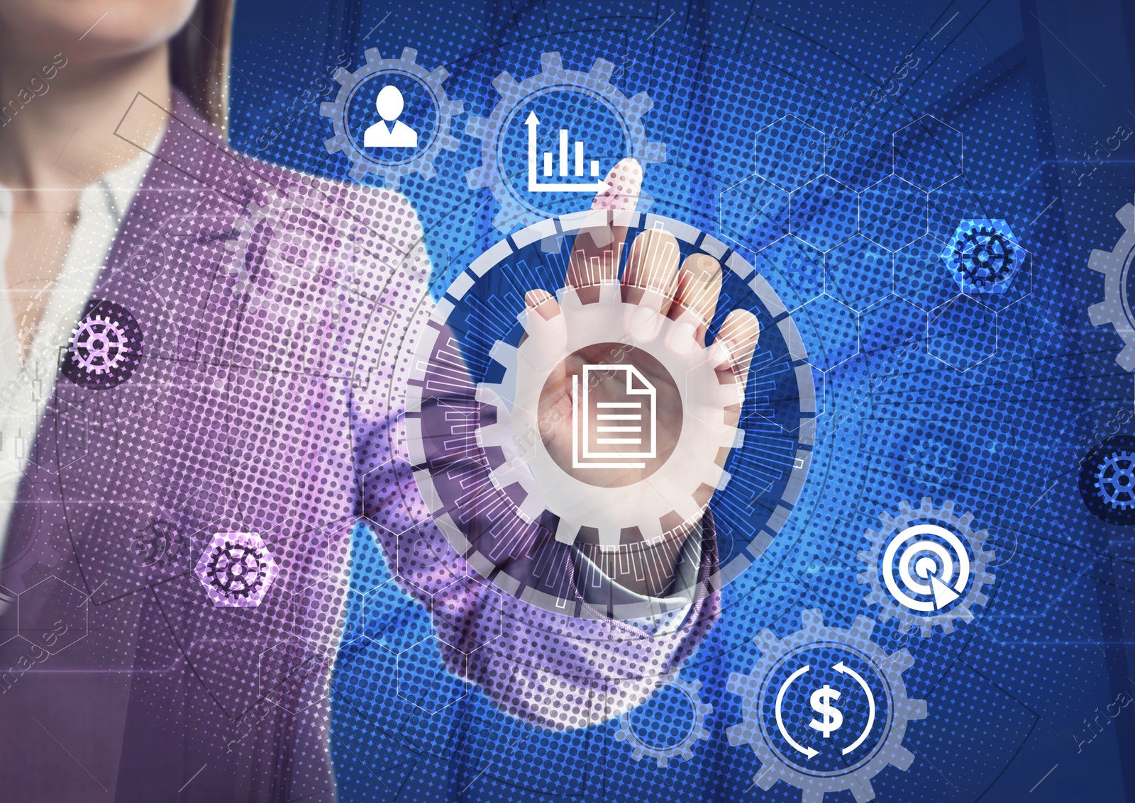 Image of Business process. Woman touching virtual screen with different icons, closeup