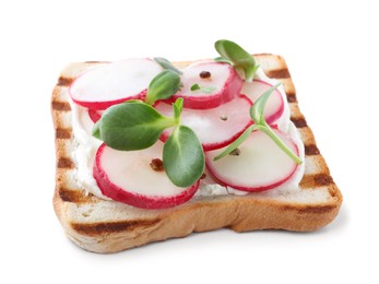 Photo of Delicious sandwich with radish, cream cheese and microgreens isolated on white