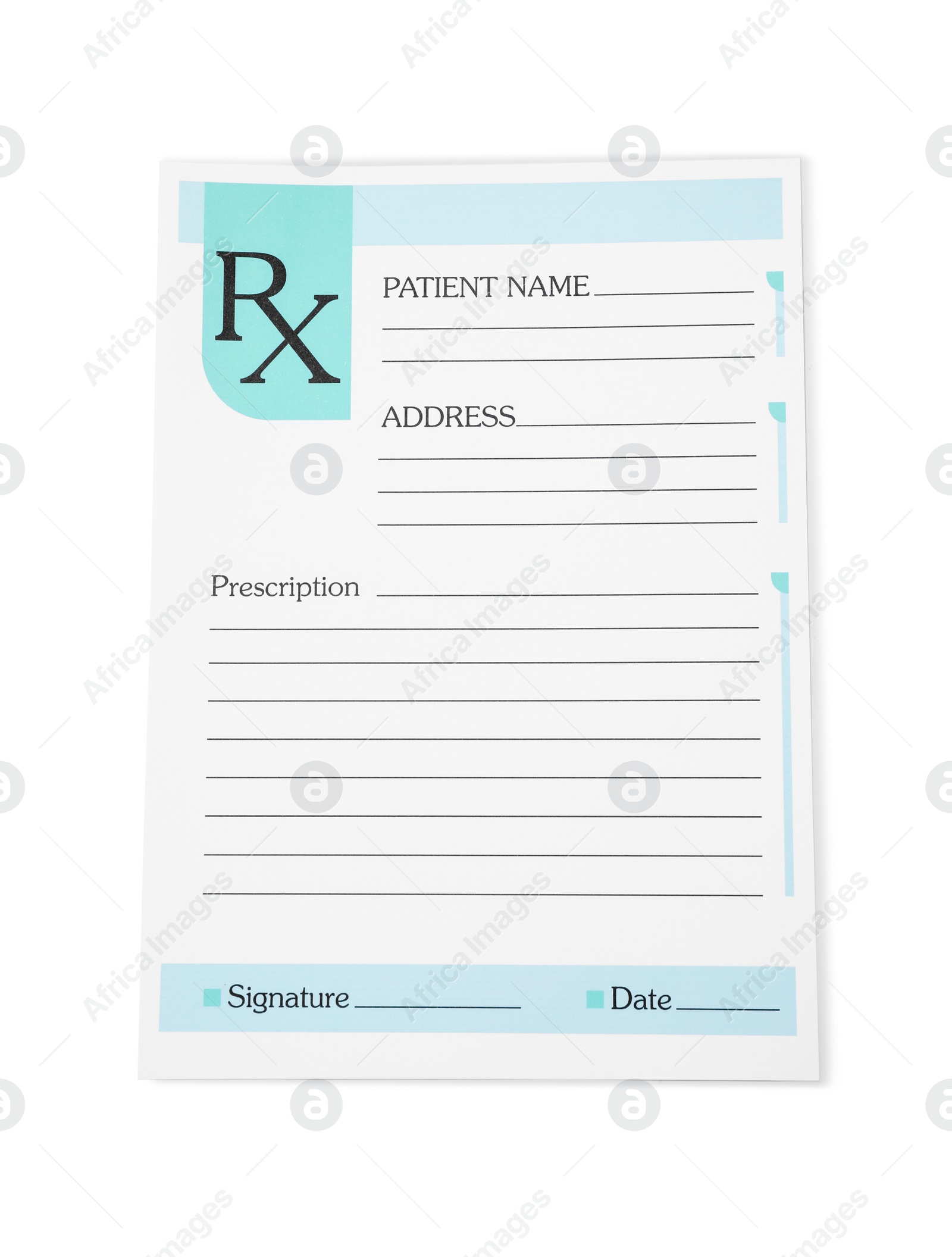 Photo of Medical prescription form isolated on white, top view