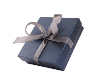 Photo of Dark gift box with ribbon and bow on white background