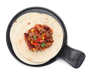 Tasty chili con carne with tortilla on white background, top view